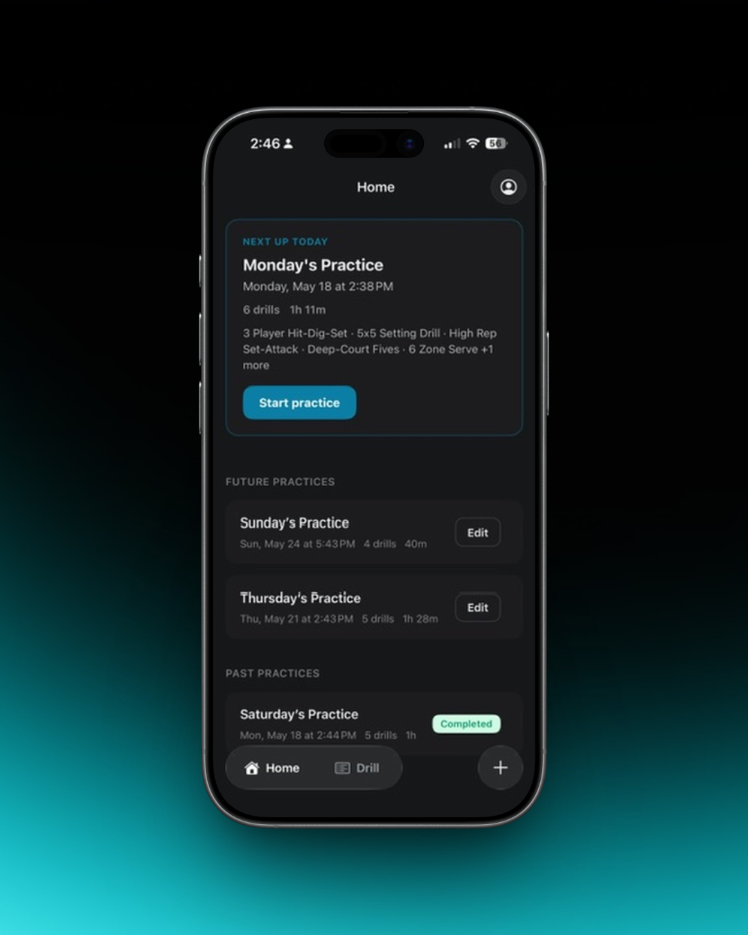 SoloCoach app — practice home screen